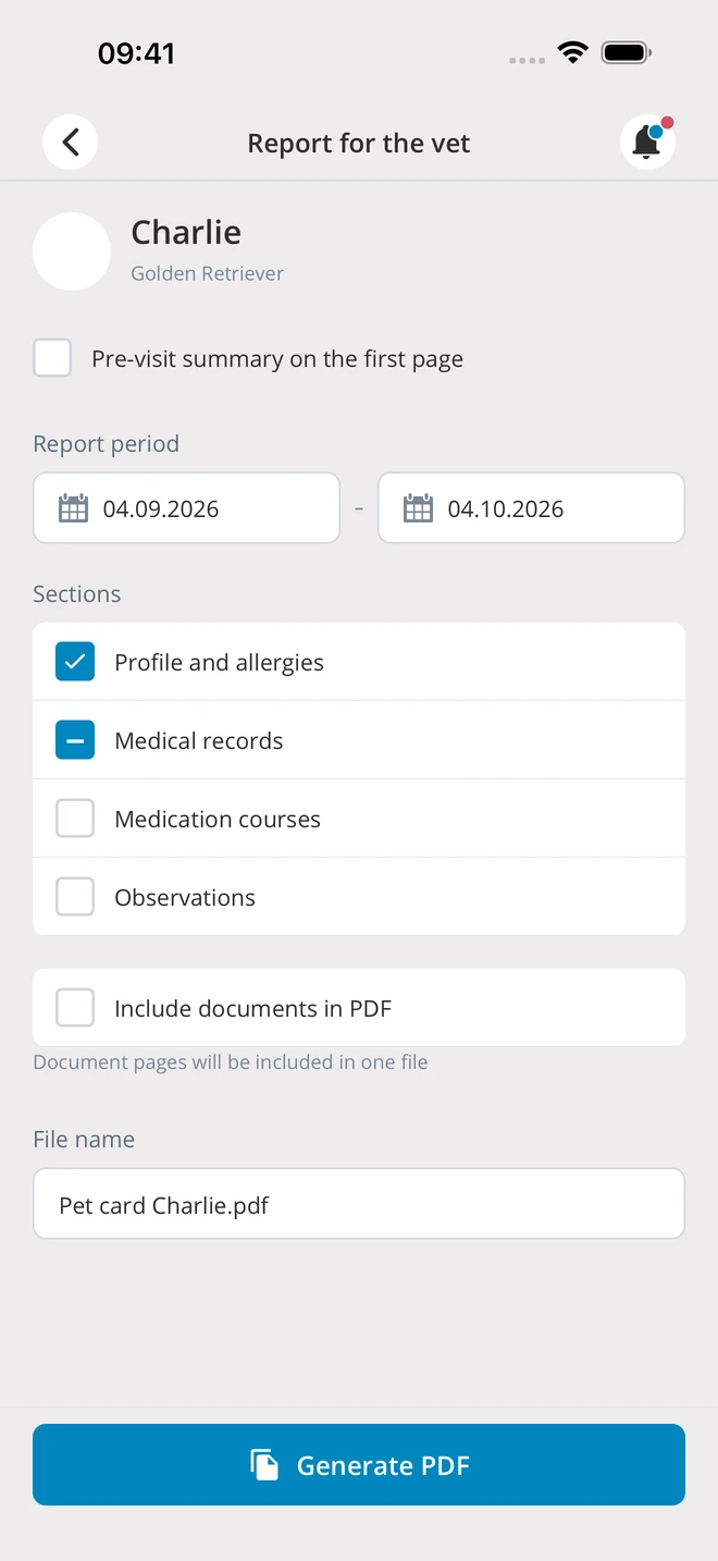 Report settings for the vet — demonstration data