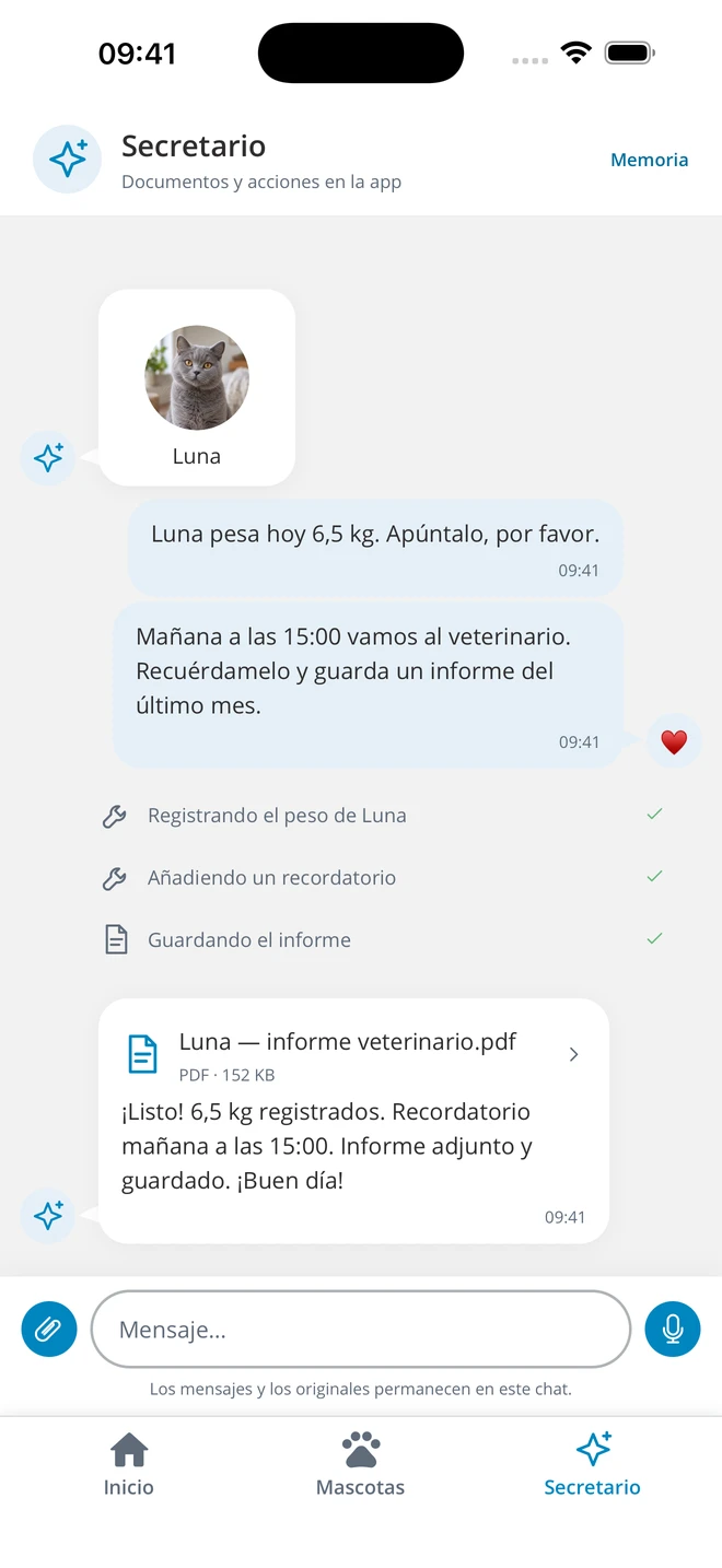 Mensajes y registros guardados en Secretario — datos de demostración