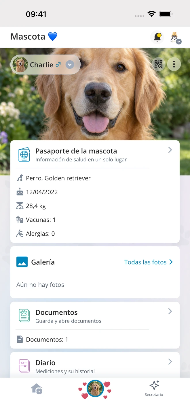 Perfil de mascota con pasaporte y documentos — datos de demostración