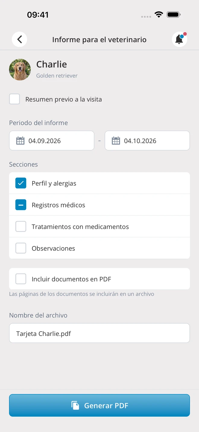 Configuración del informe para el veterinario — datos de demostración