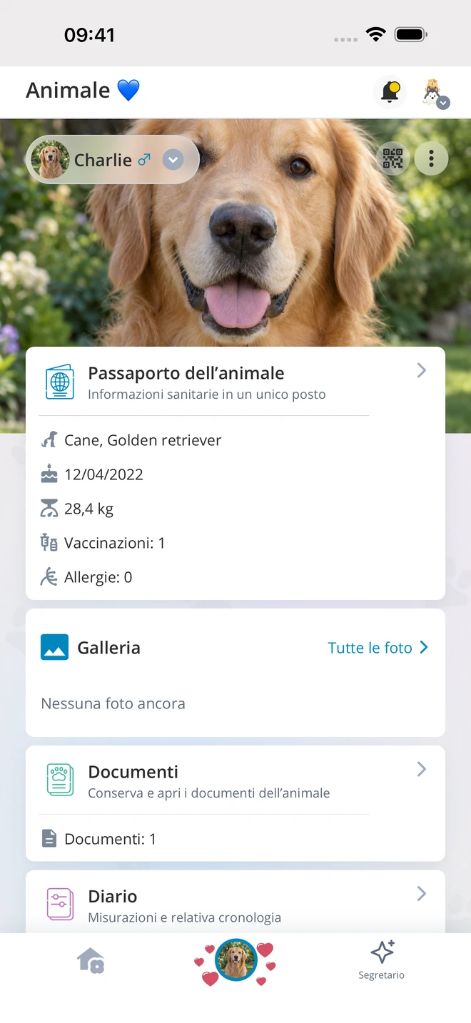 Profilo dell’animale con passaporto e documenti — dati dimostrativi