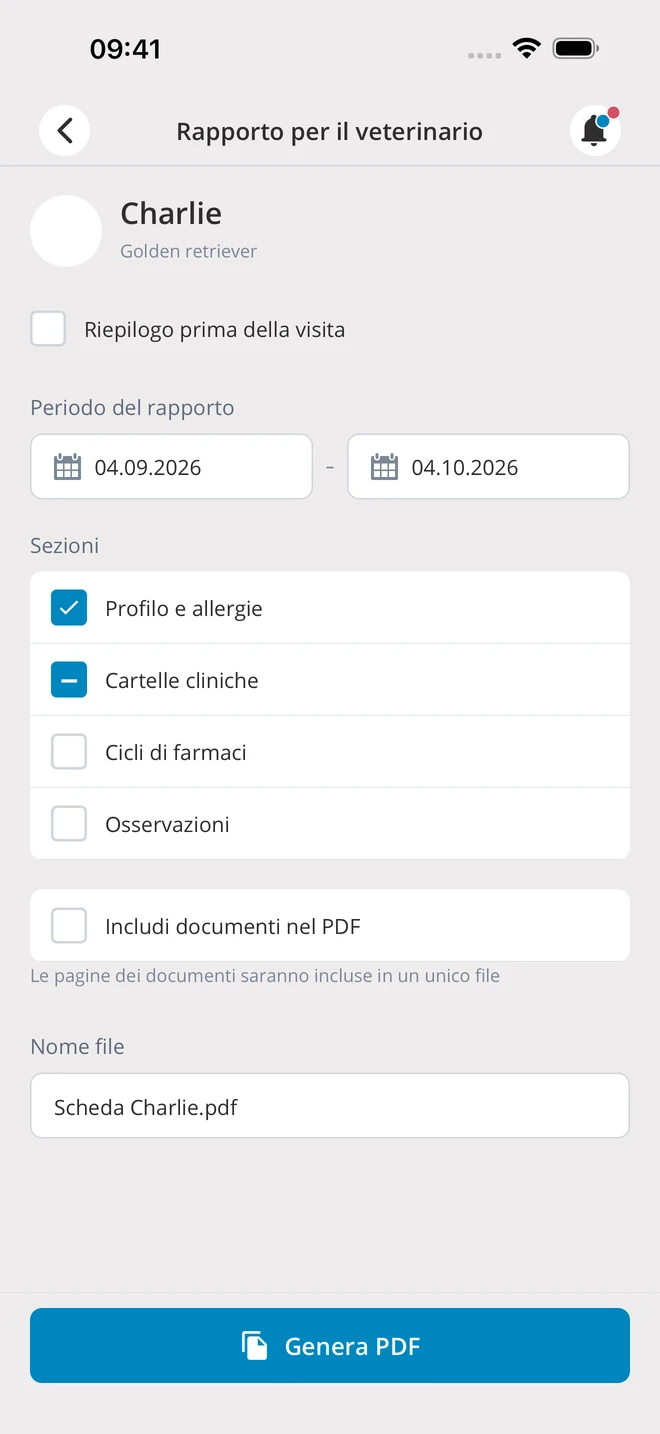 Impostazioni del report per il veterinario — dati dimostrativi