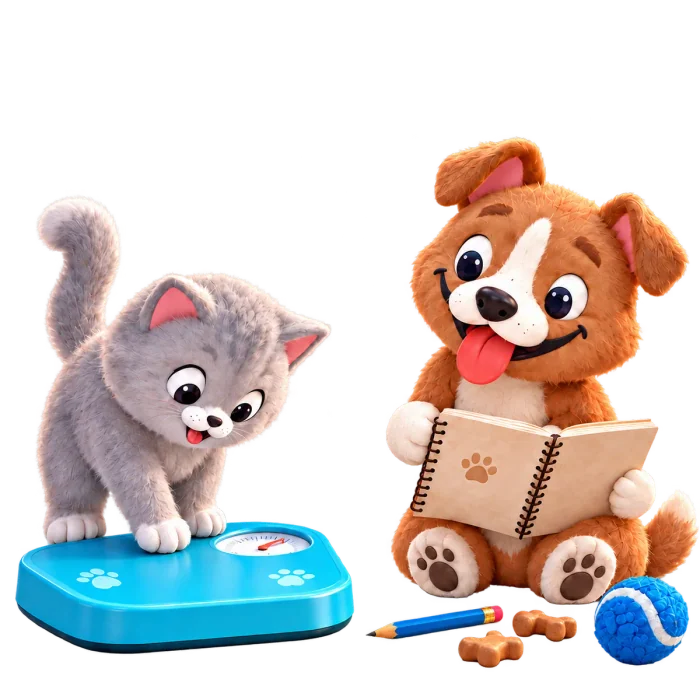 A cat on scales and a dog with a diary