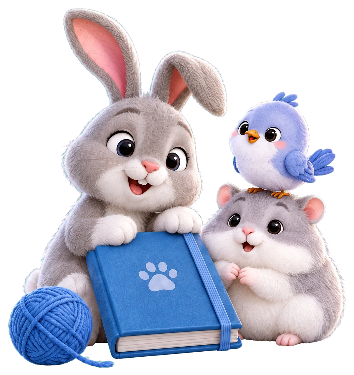 A rabbit with a book, a hamster and a bird